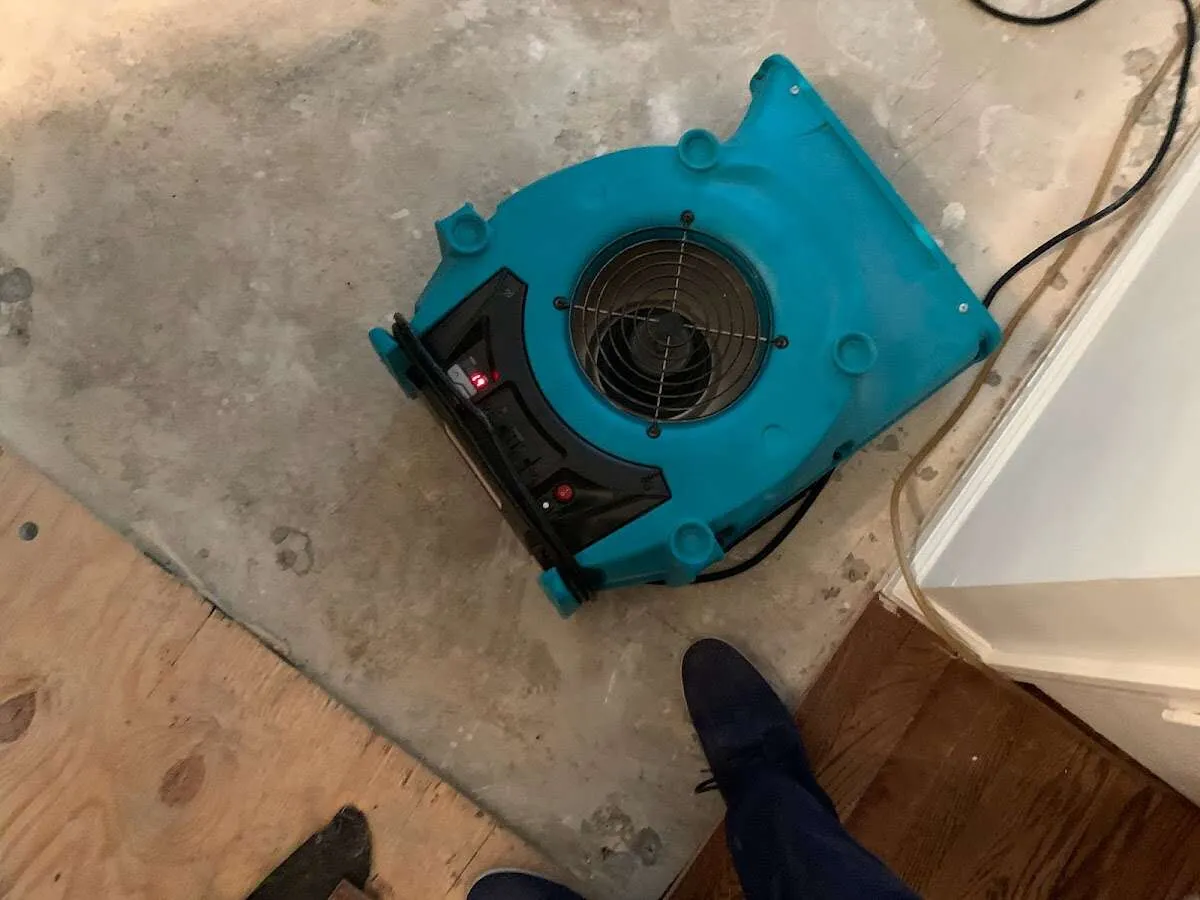 Air mover drying subfloor during Commercial Water Damage Restoration in Lakewood